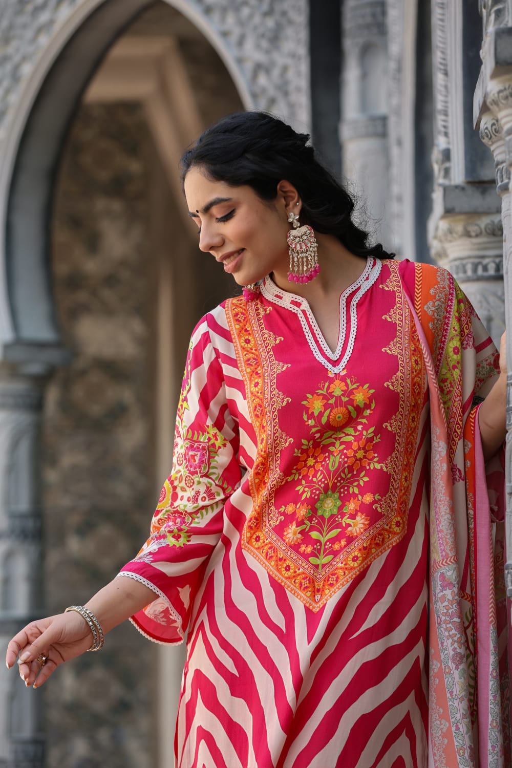 Pink Block Printed Silk Kurta Set - Kajree
