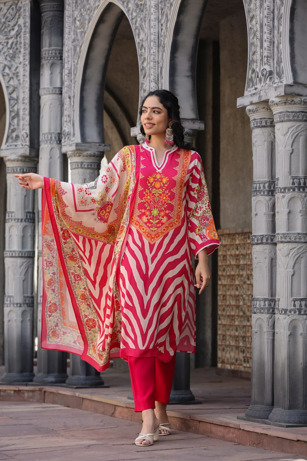 Pink Block Printed Silk Kurta Set - kajree