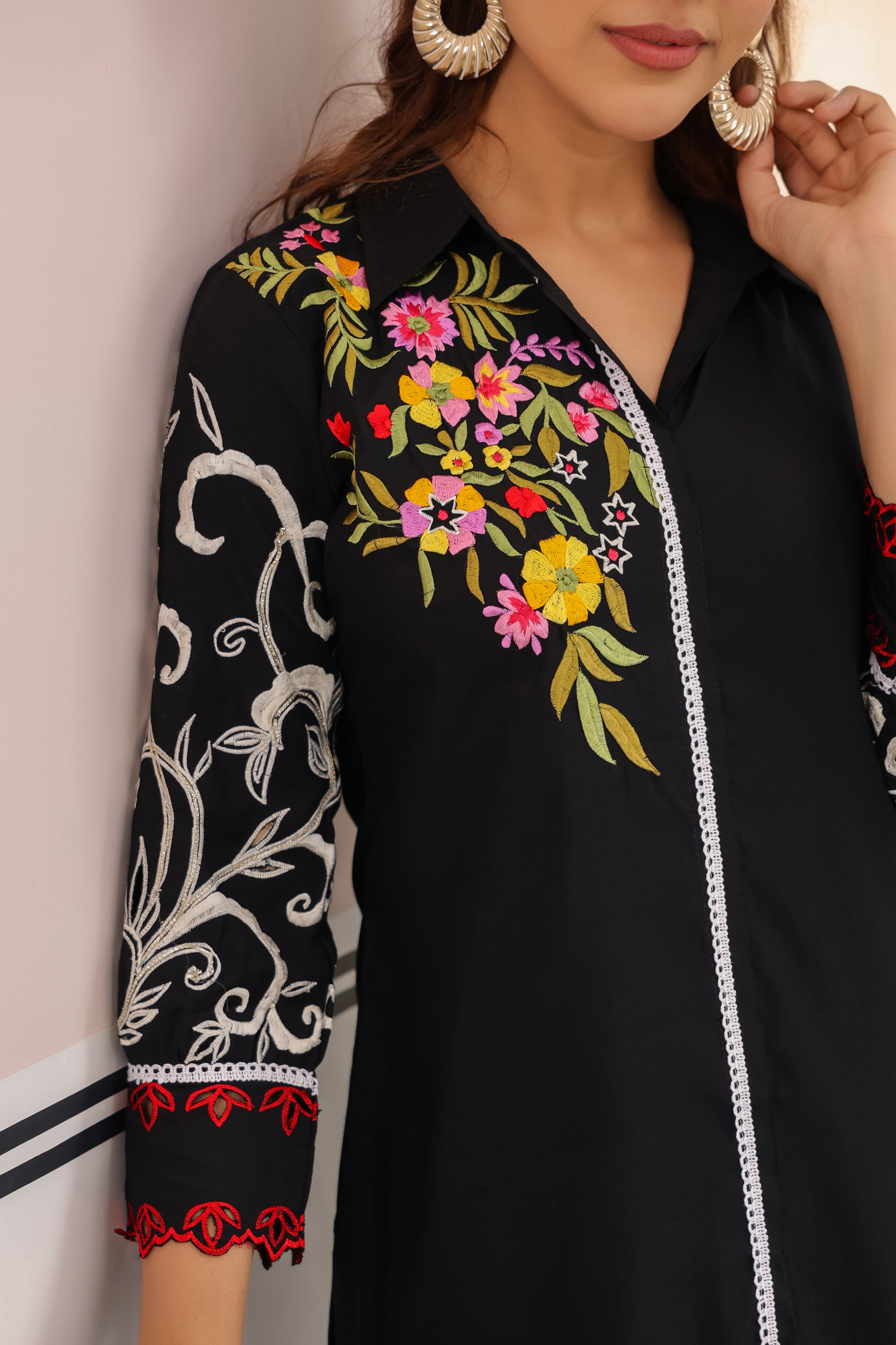 Black Threadwork Muslin Co-Ord Set - Kajree