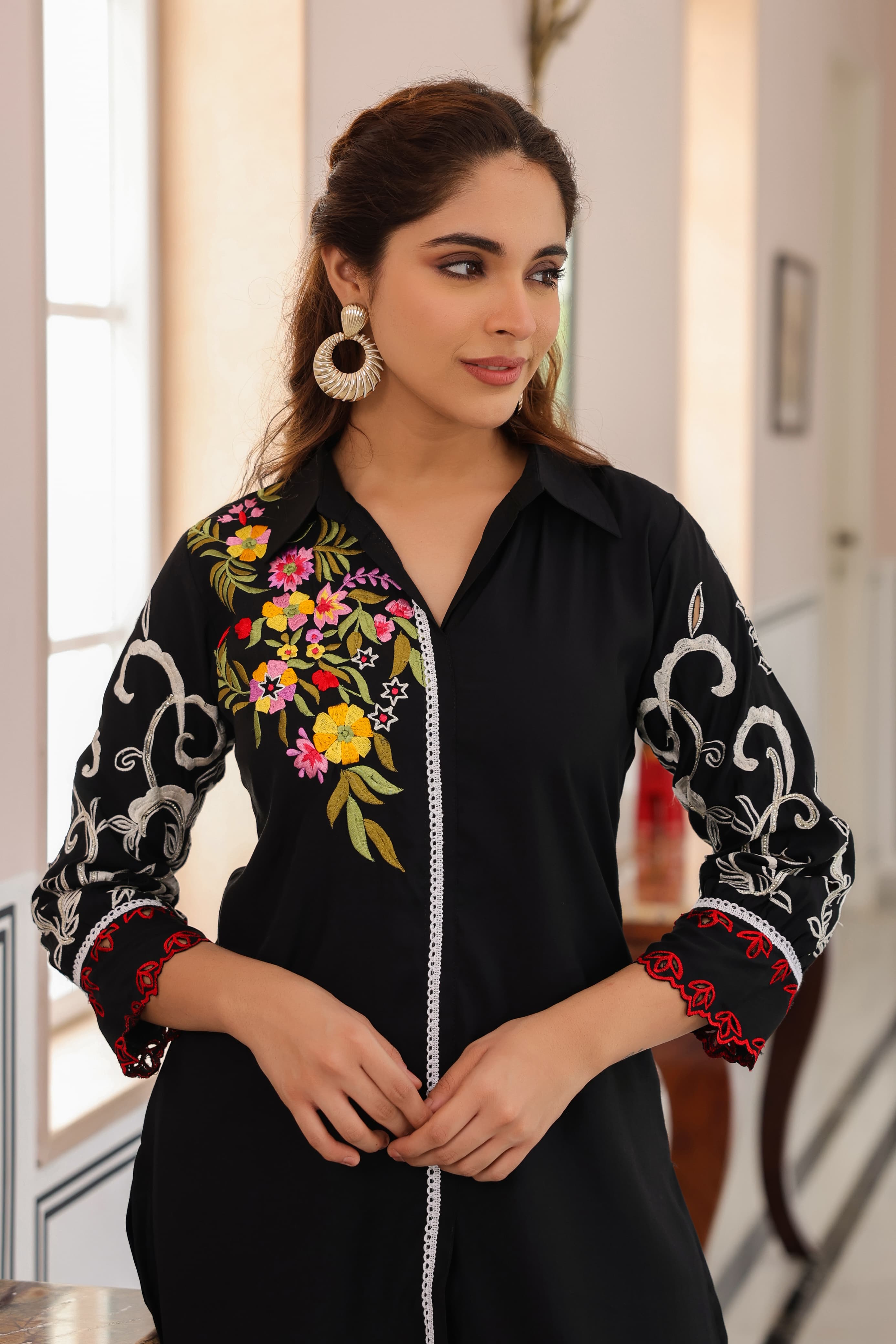 Black Threadwork Muslin Co-Ord Set - Kajree