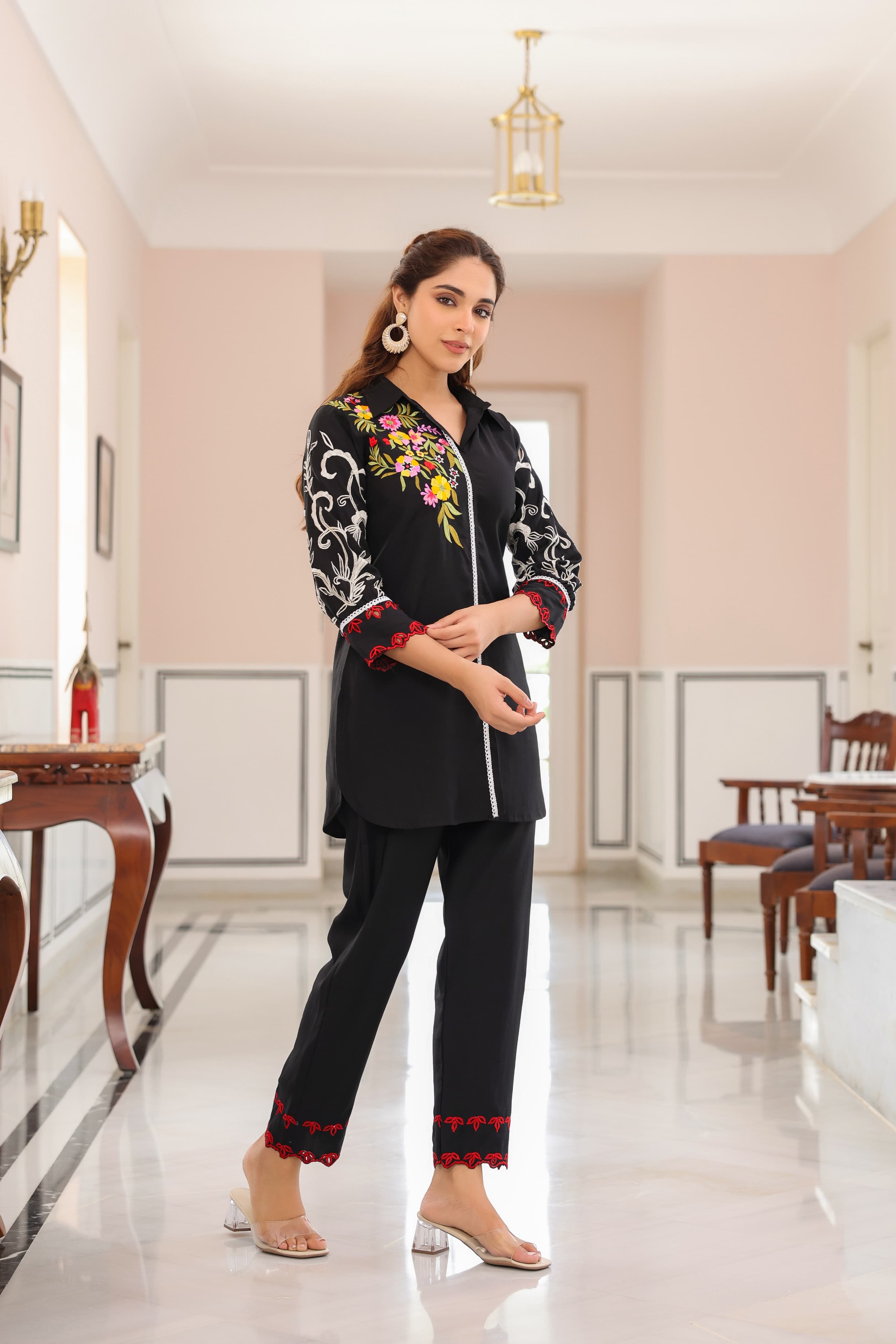 Black Threadwork Muslin Co-Ord Set - Kajree