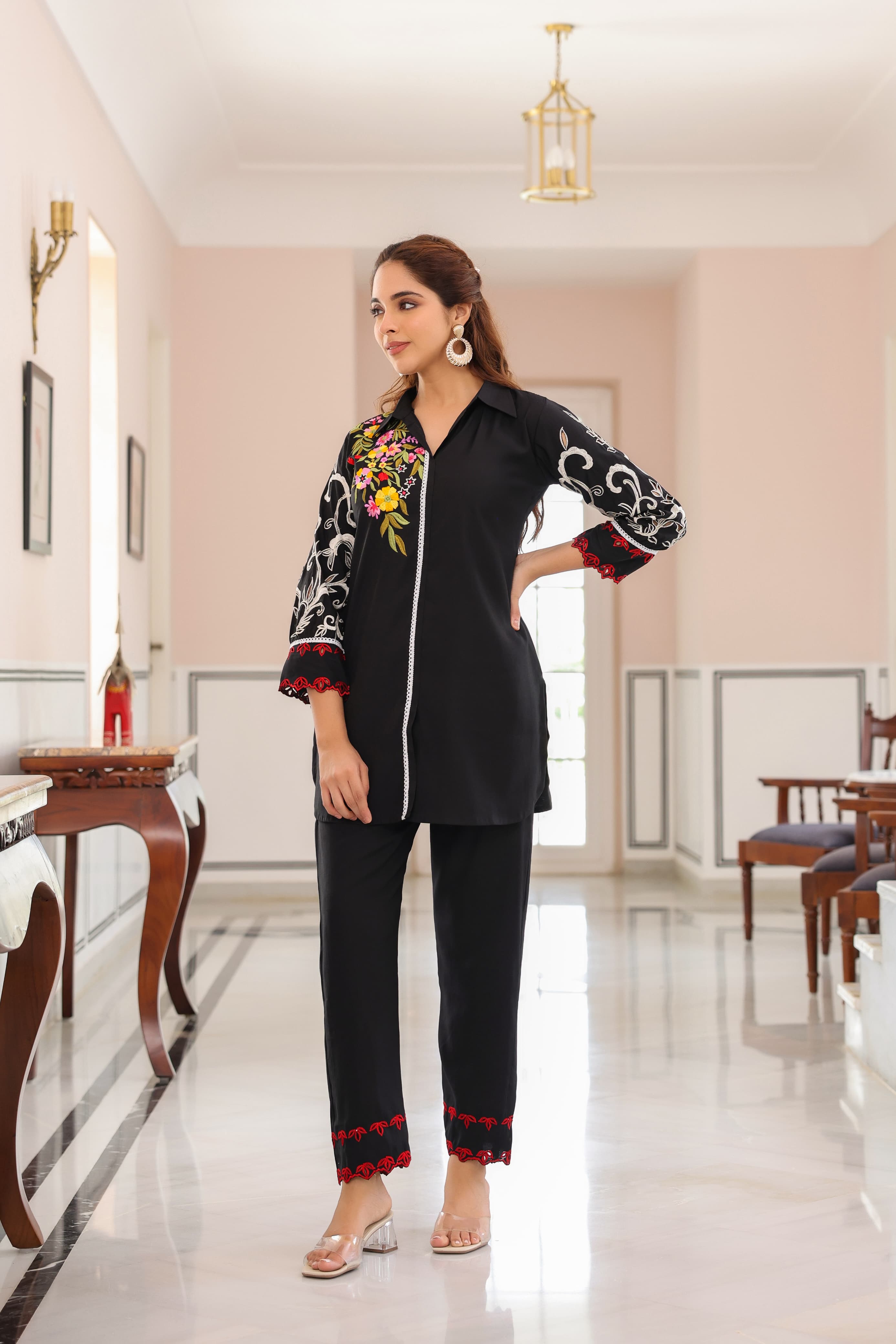 Black Threadwork Muslin Co-Ord Set - Kajree