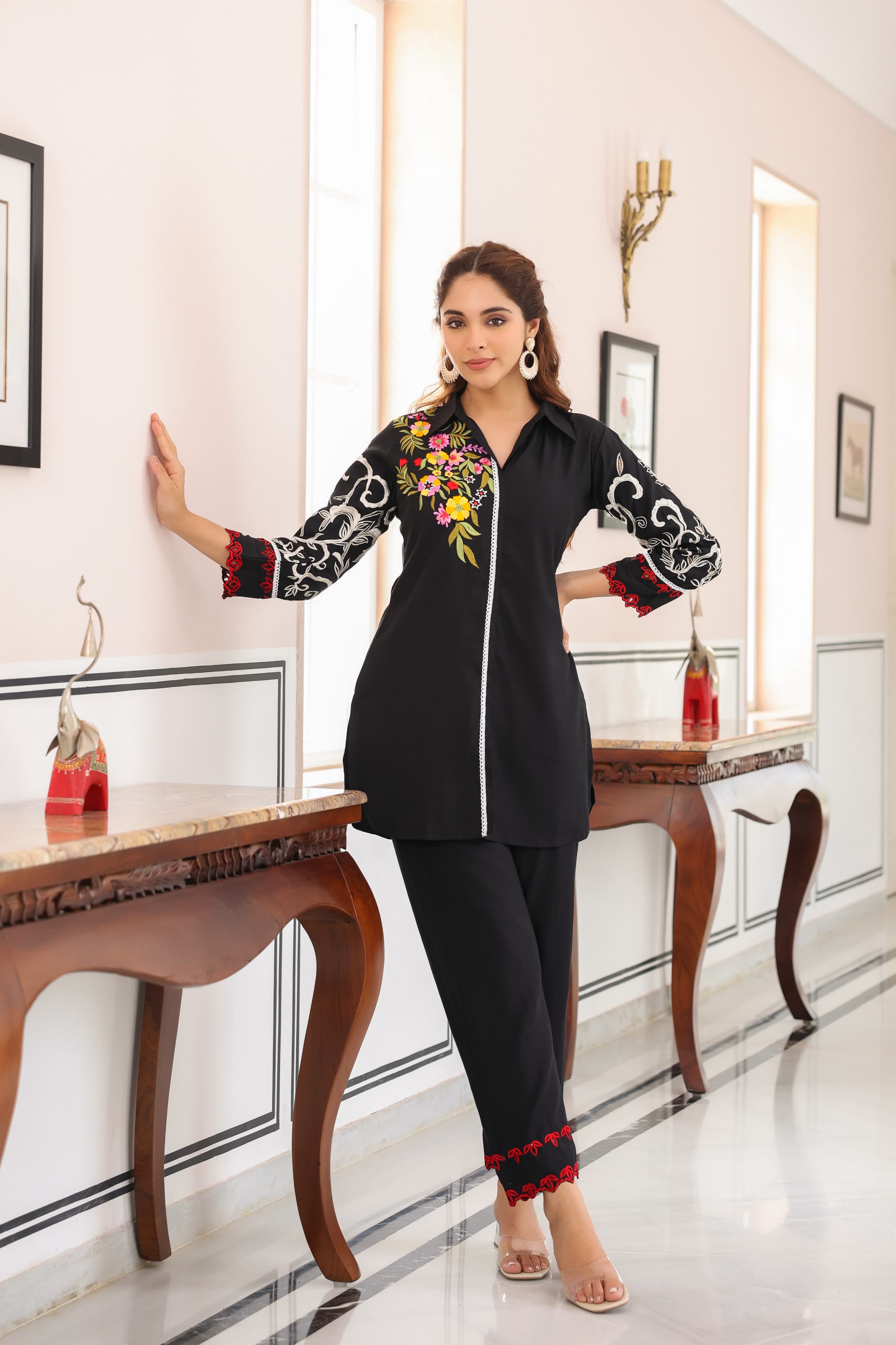 Black Threadwork Muslin Co-Ord Set - Kajree