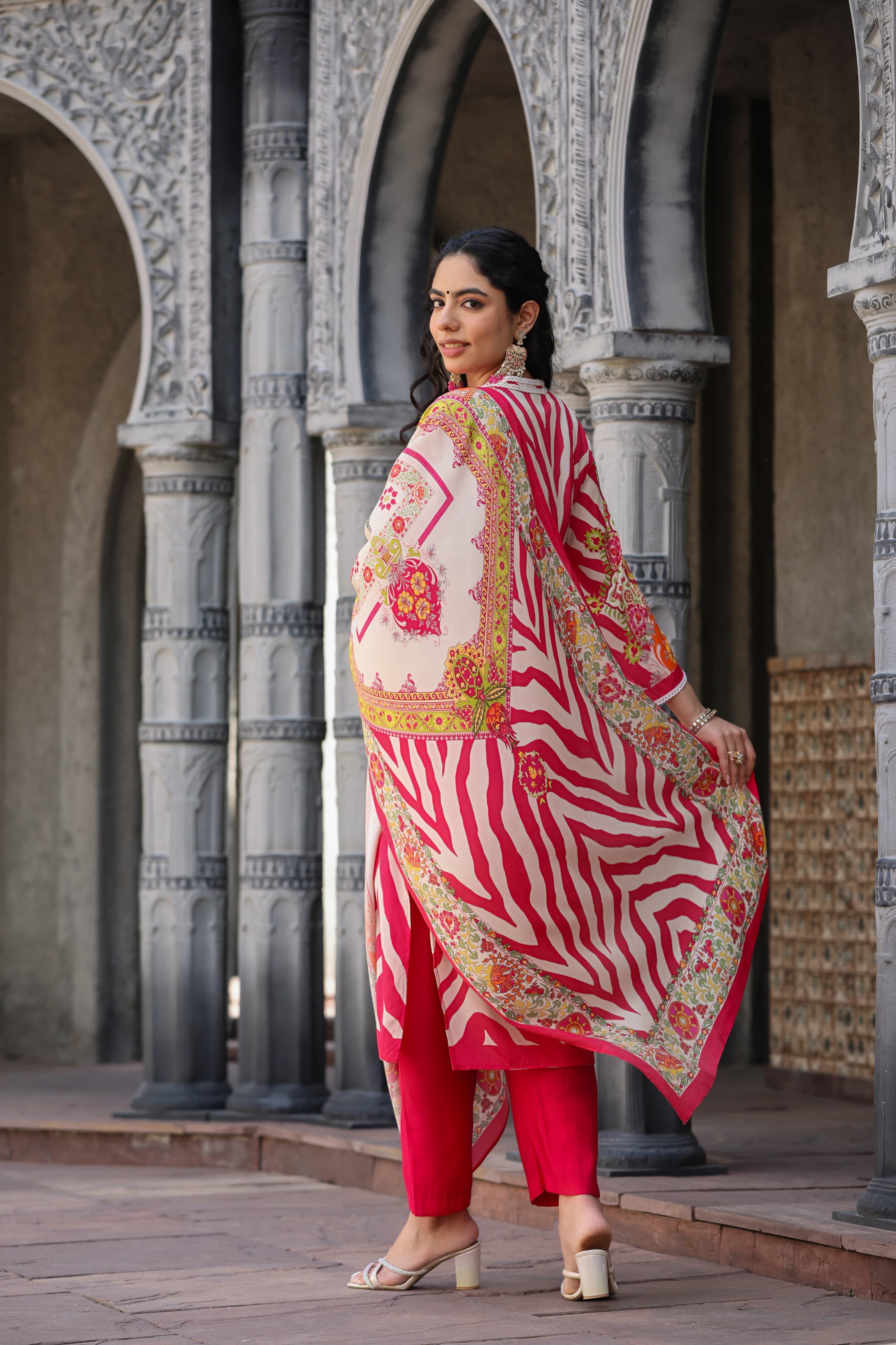 Pink Block Printed Silk Kurta Set - Kajree