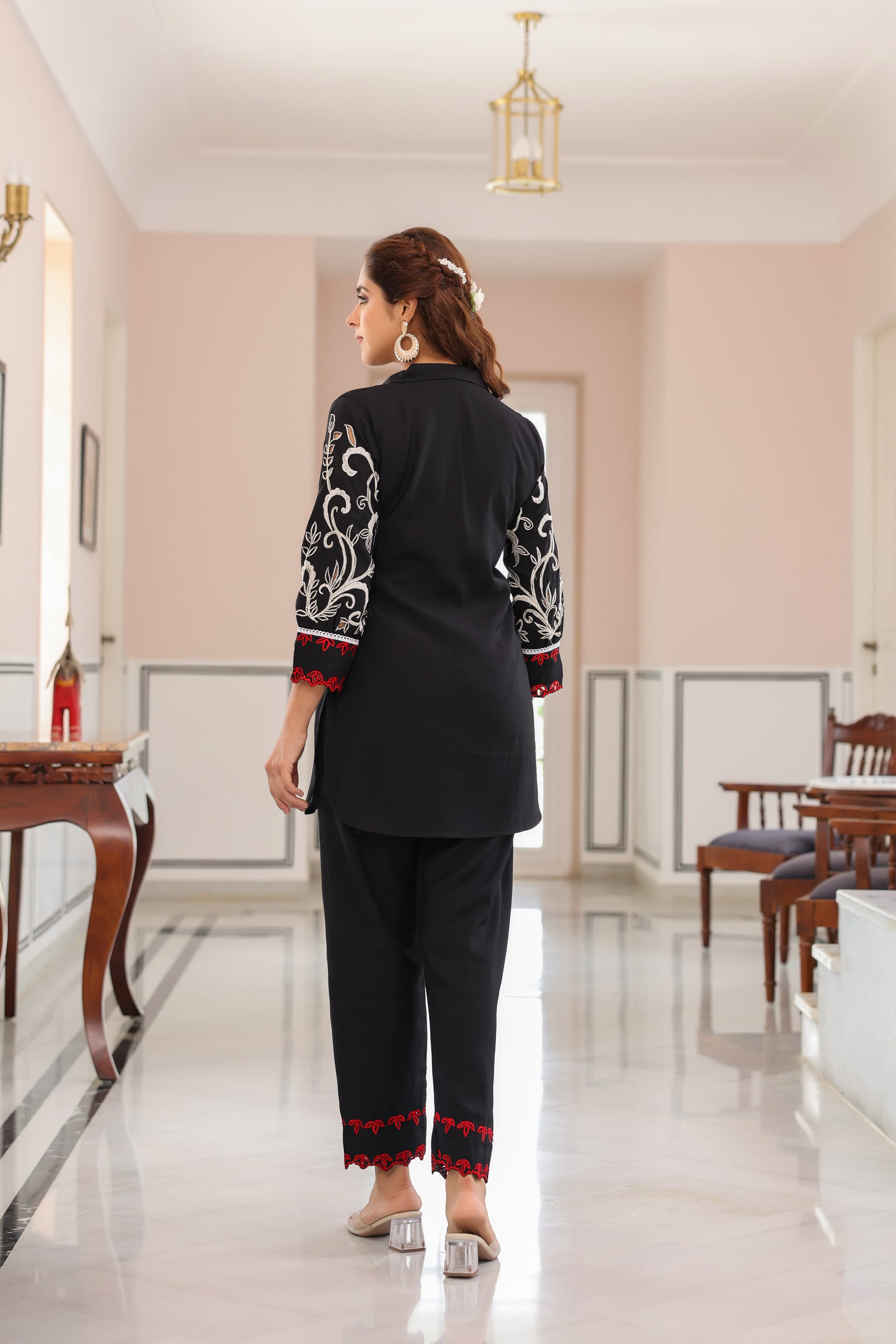 Black Threadwork Muslin Co-Ord Set - Kajree
