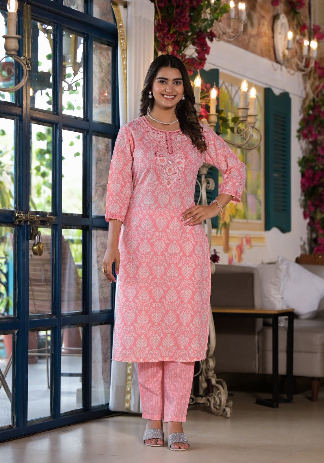 Pink Threadwork & Block Print Cotton Kurta Set - KAJREE