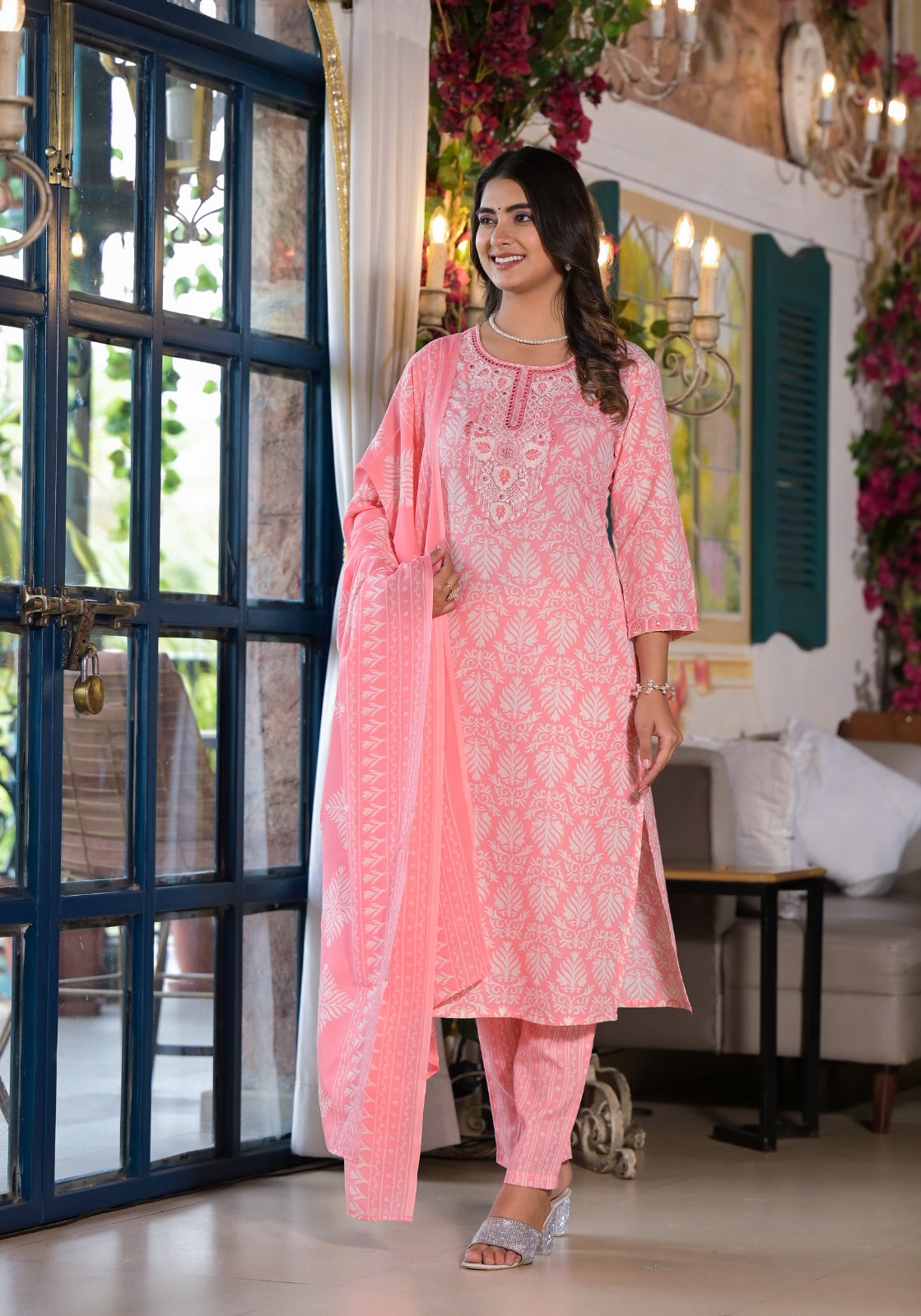 Pink Threadwork & Block Print Cotton Kurta Set - KAJREE