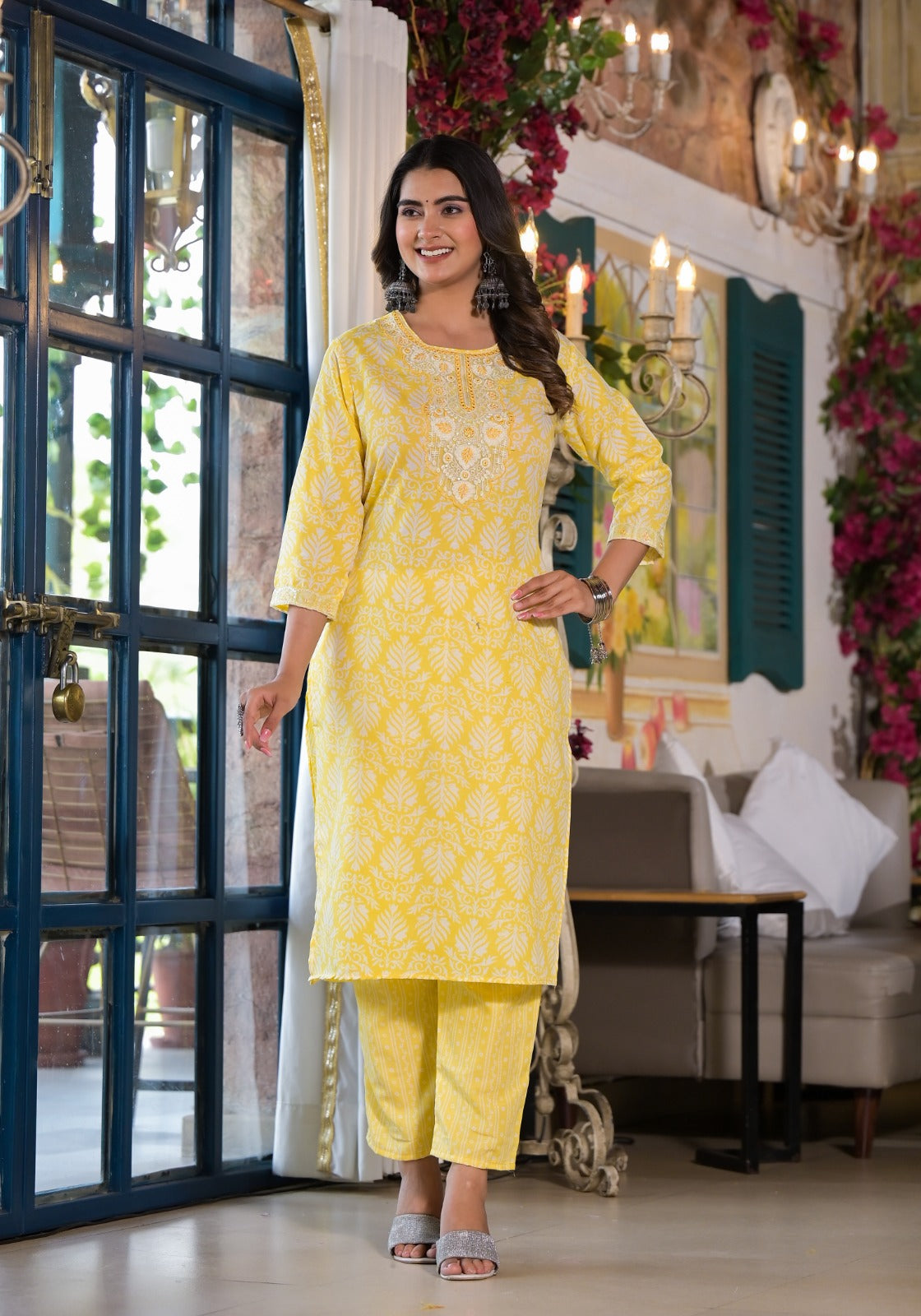 Yellow Threadwork Cotton Kurta Set - KAJREE
