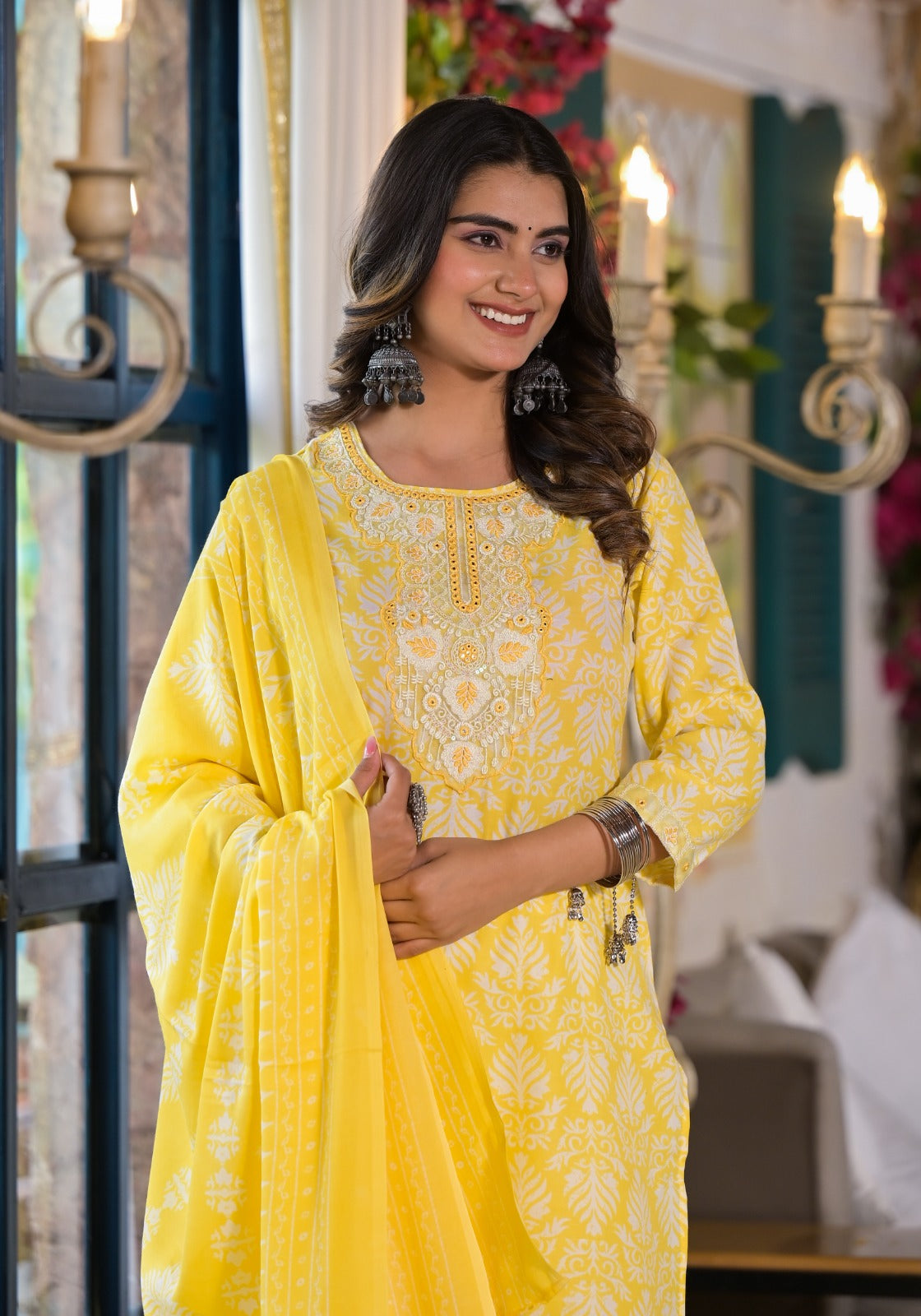 Yellow Threadwork Cotton Kurta Set - KAJREE
