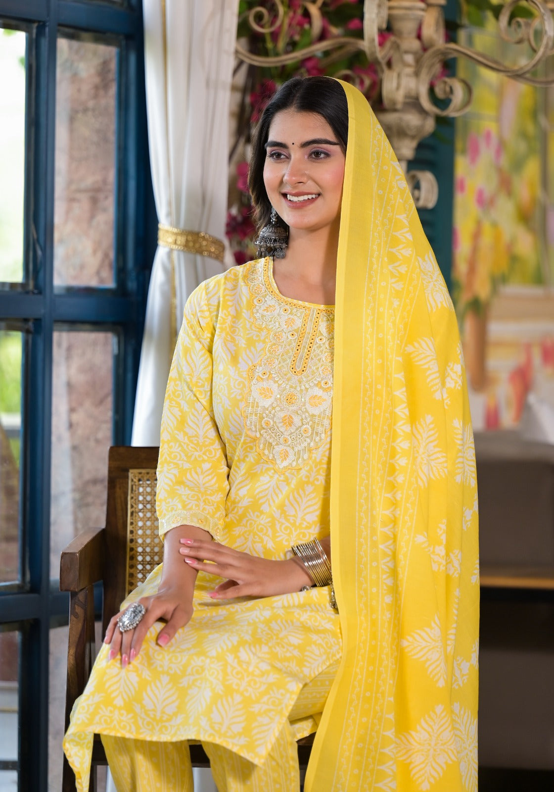 Yellow Threadwork Cotton Kurta Set - KAJREE
