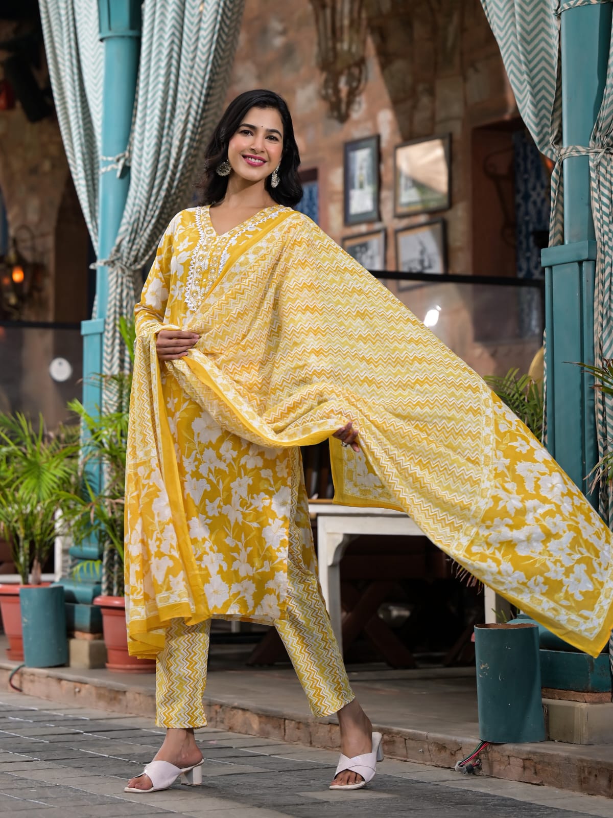 Yellow Block Printed Cotton Kurta Set - KAJREE