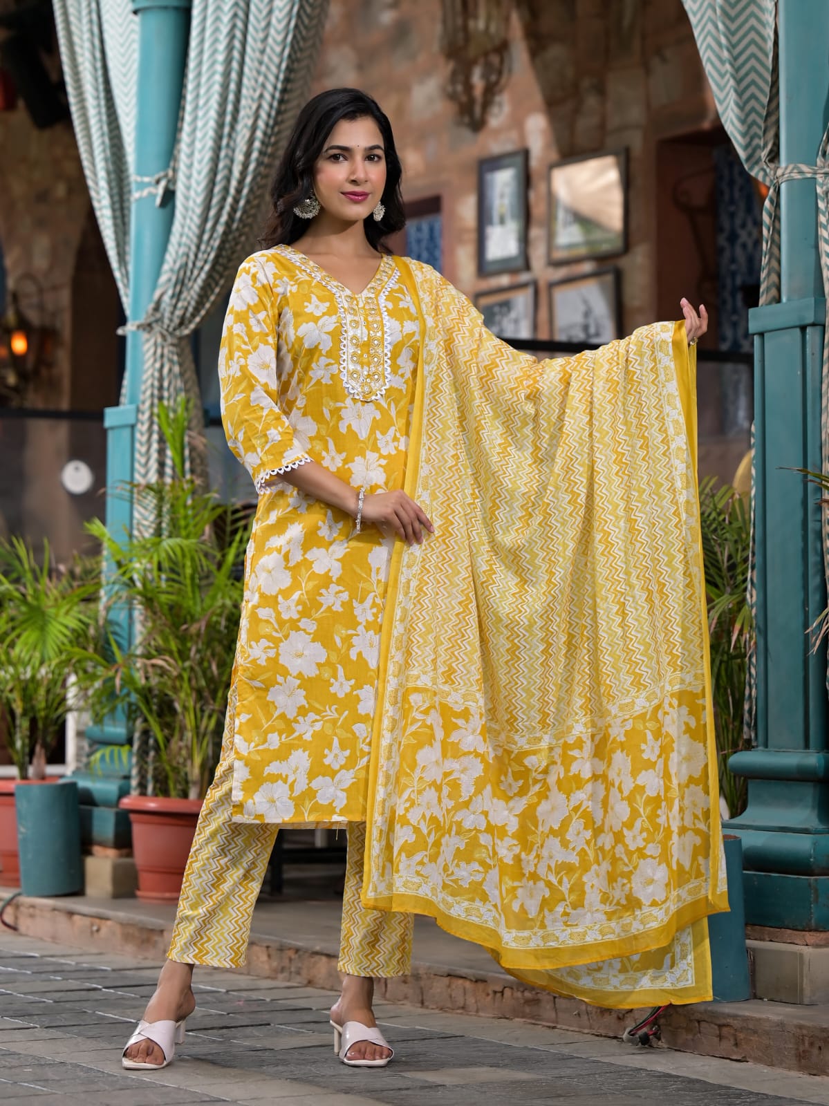 Yellow Block Printed Cotton Kurta Set - KAJREE