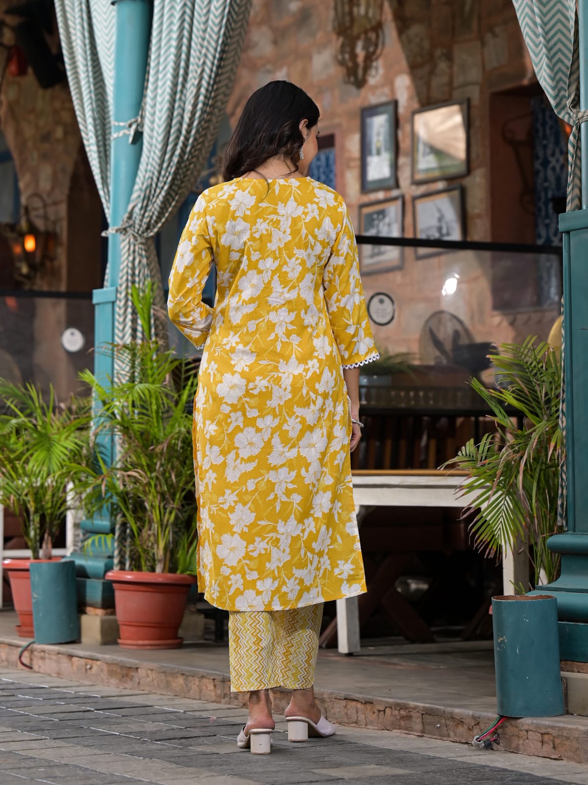 Yellow Block Printed Cotton Kurta Set - KAJREE