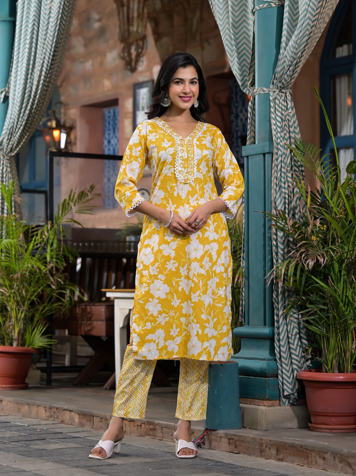 Yellow Block Printed Cotton Kurta Set - KAJREE