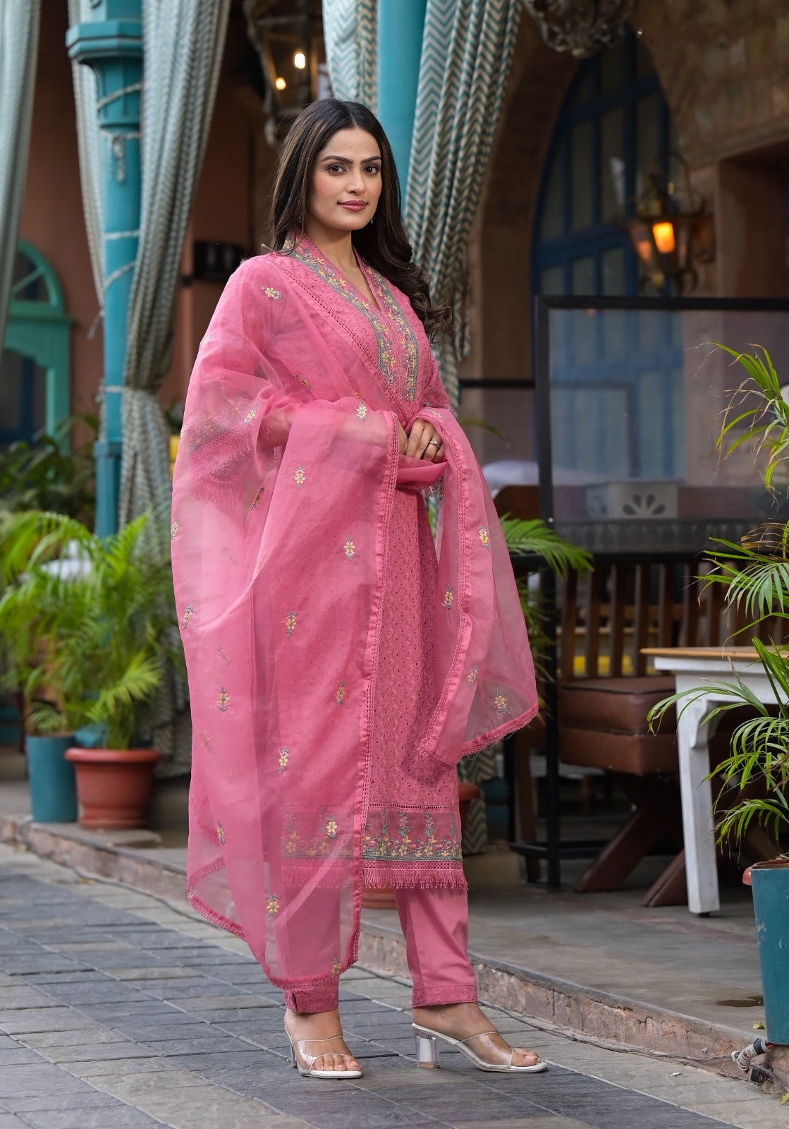Pink Cotton shifli Threadwork Kurta Set - KAJREE