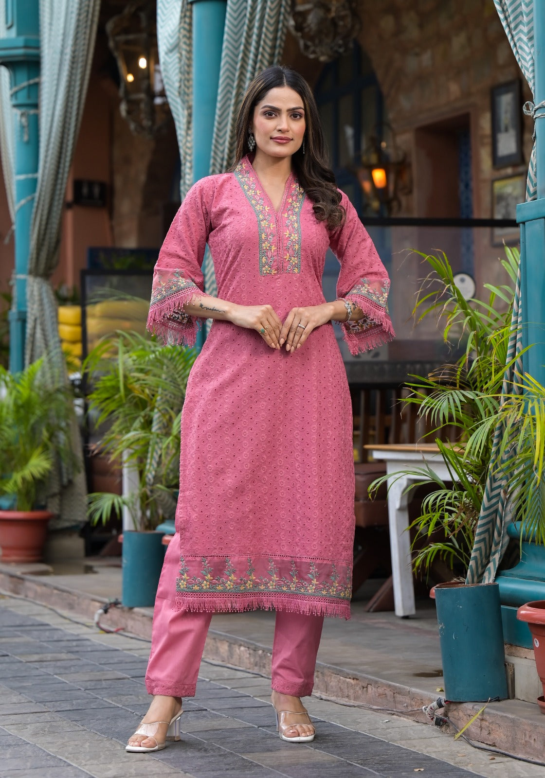 Pink Cotton shifli Threadwork Kurta Set - KAJREE