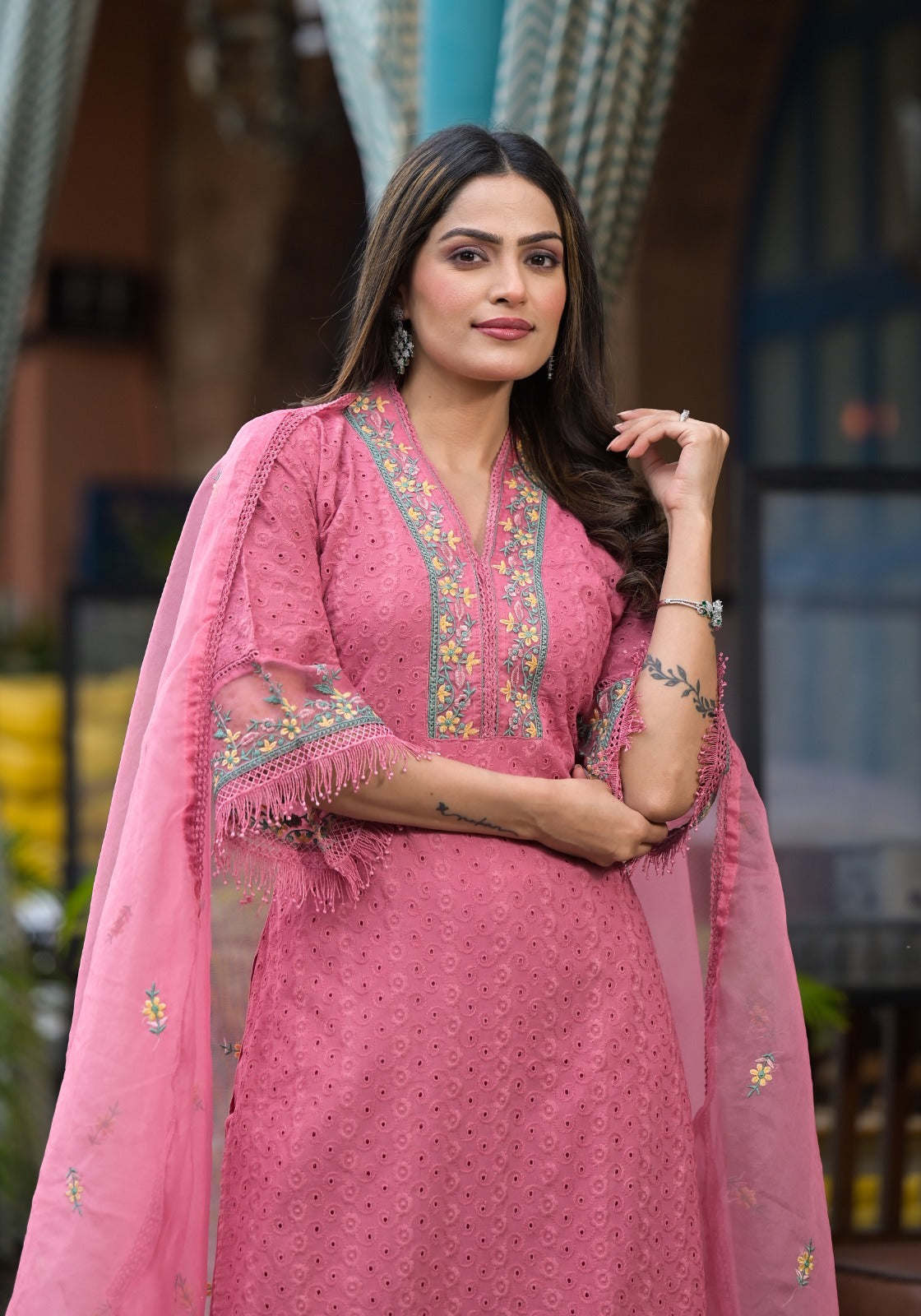 Pink Cotton shifli Threadwork Kurta Set - KAJREE