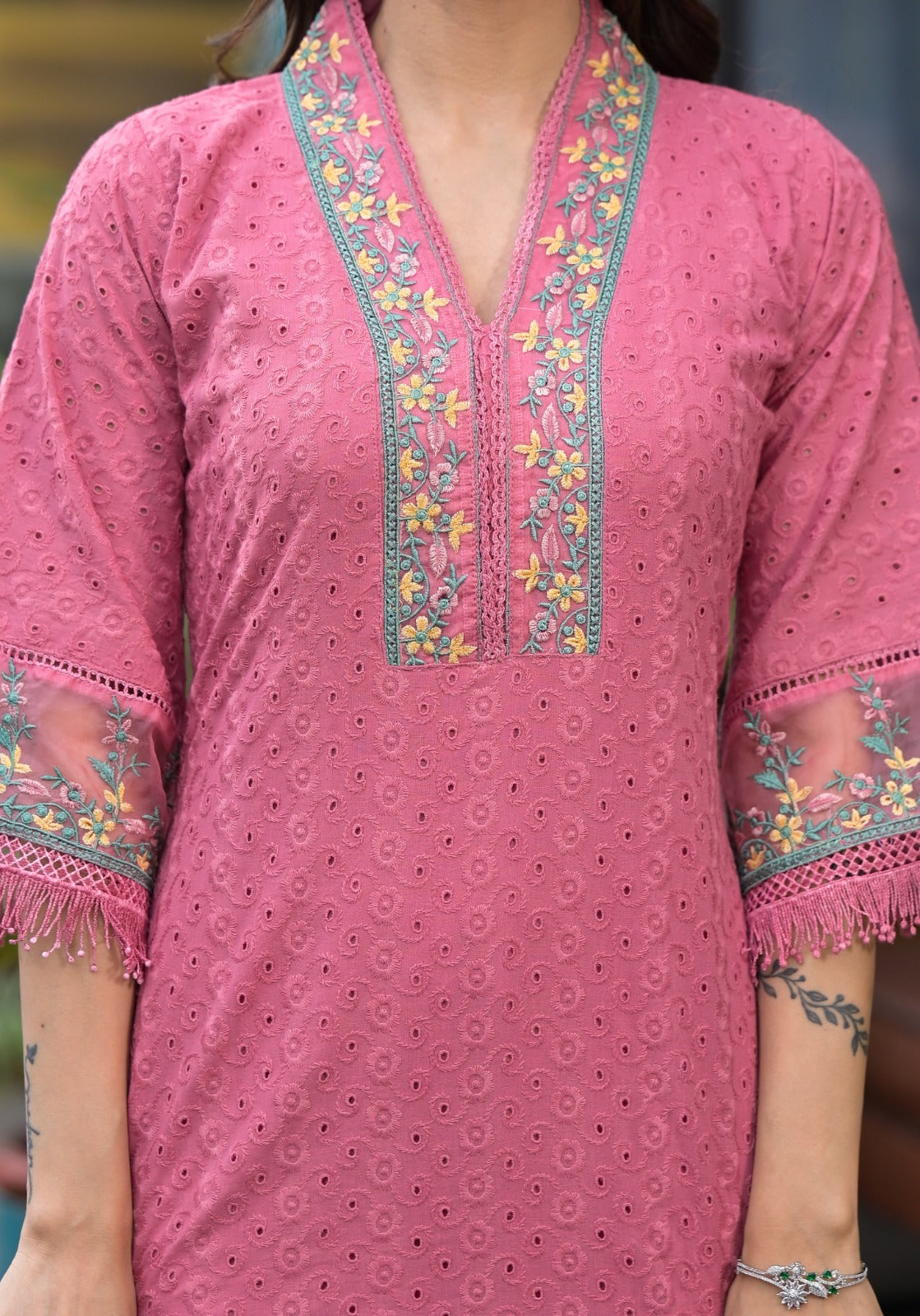 Pink Cotton shifli Threadwork Kurta Set - KAJREE