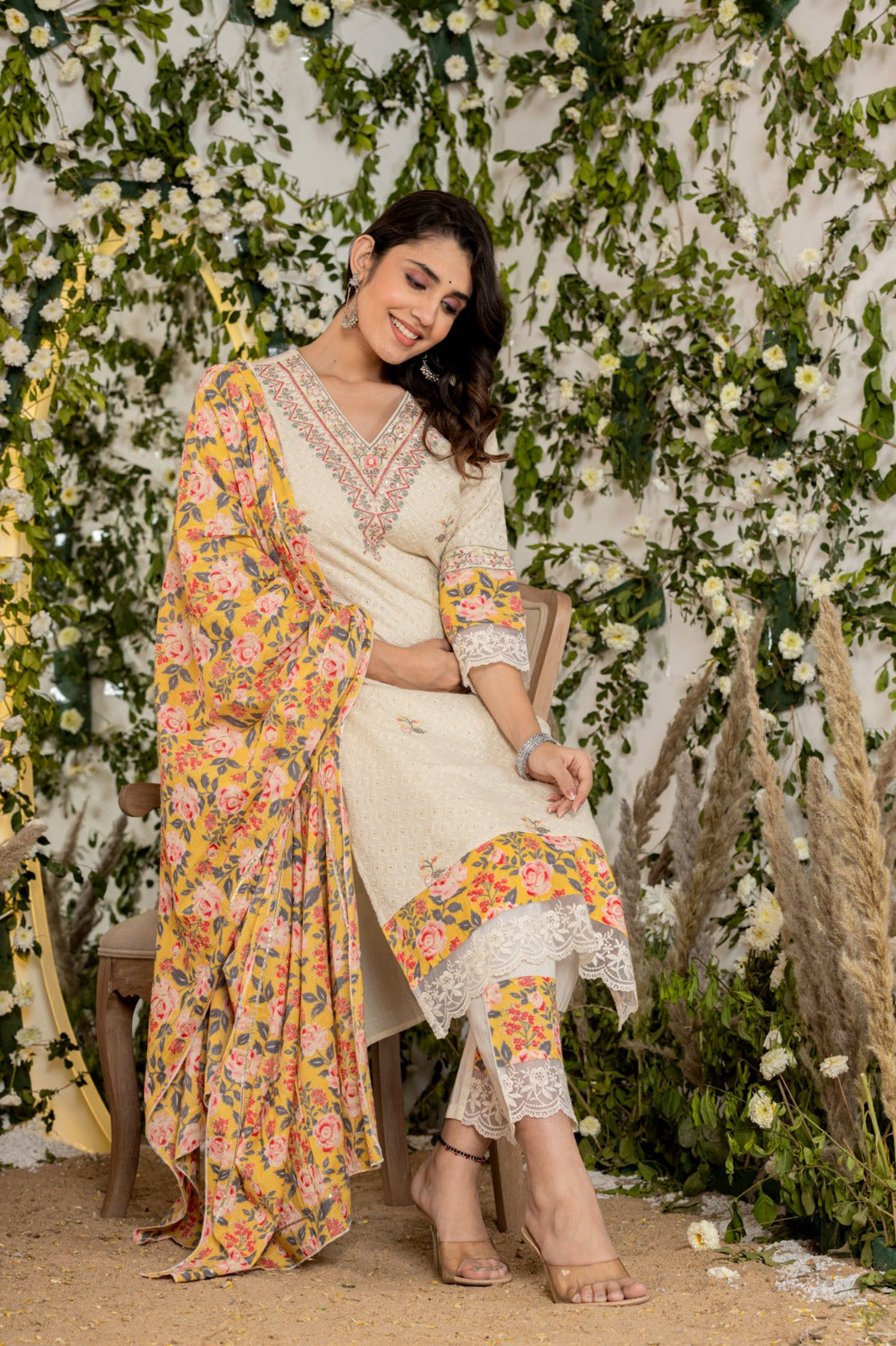 Cream Shifli Threadwork Cotton Kurta Set - KAJREE