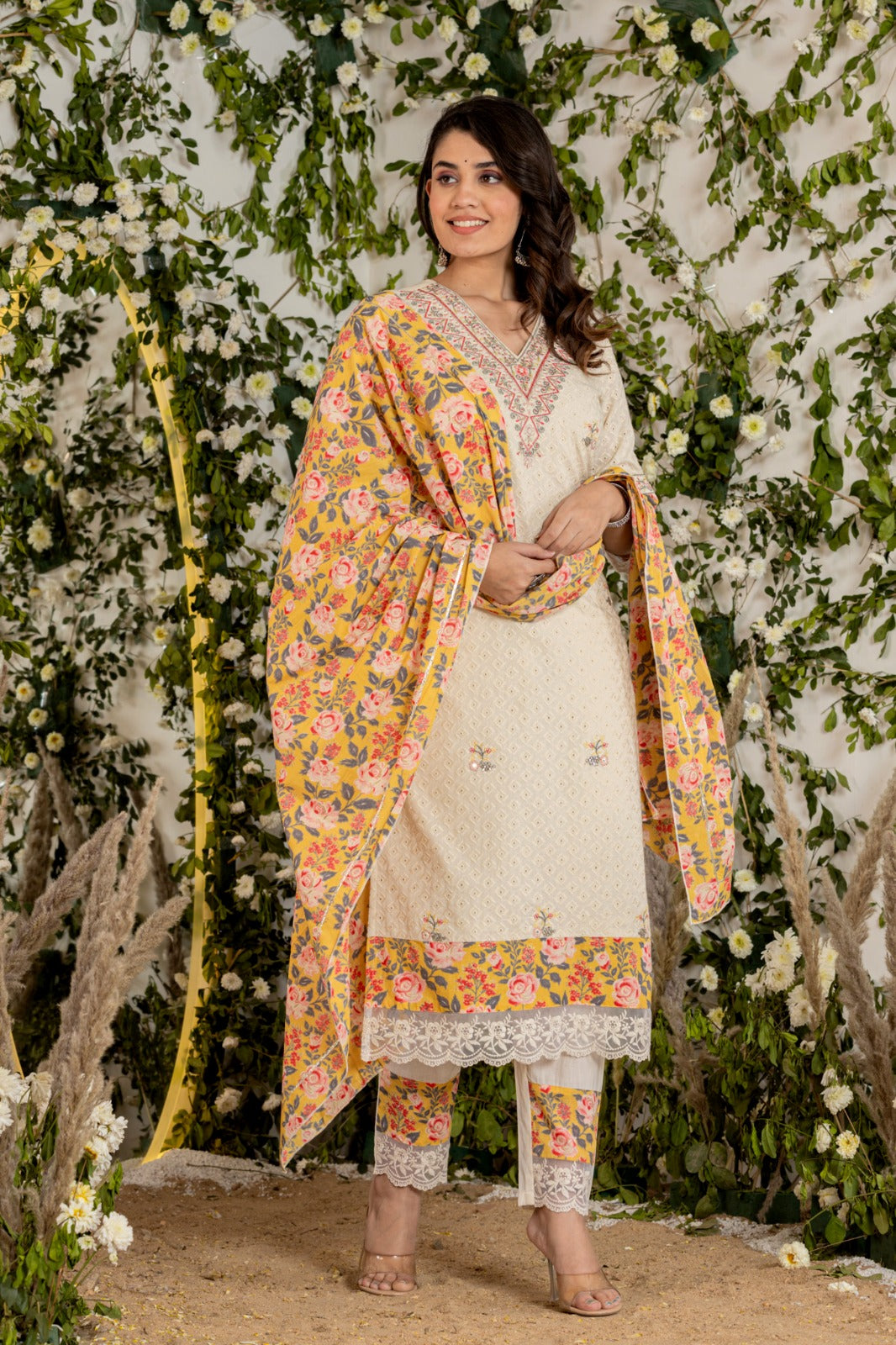 Cream Shifli Threadwork Cotton Kurta Set - KAJREE