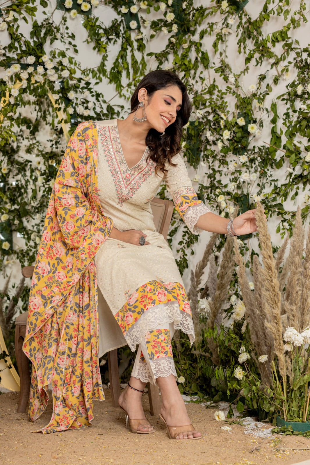 Cream Shifli Threadwork Cotton Kurta Set - KAJREE