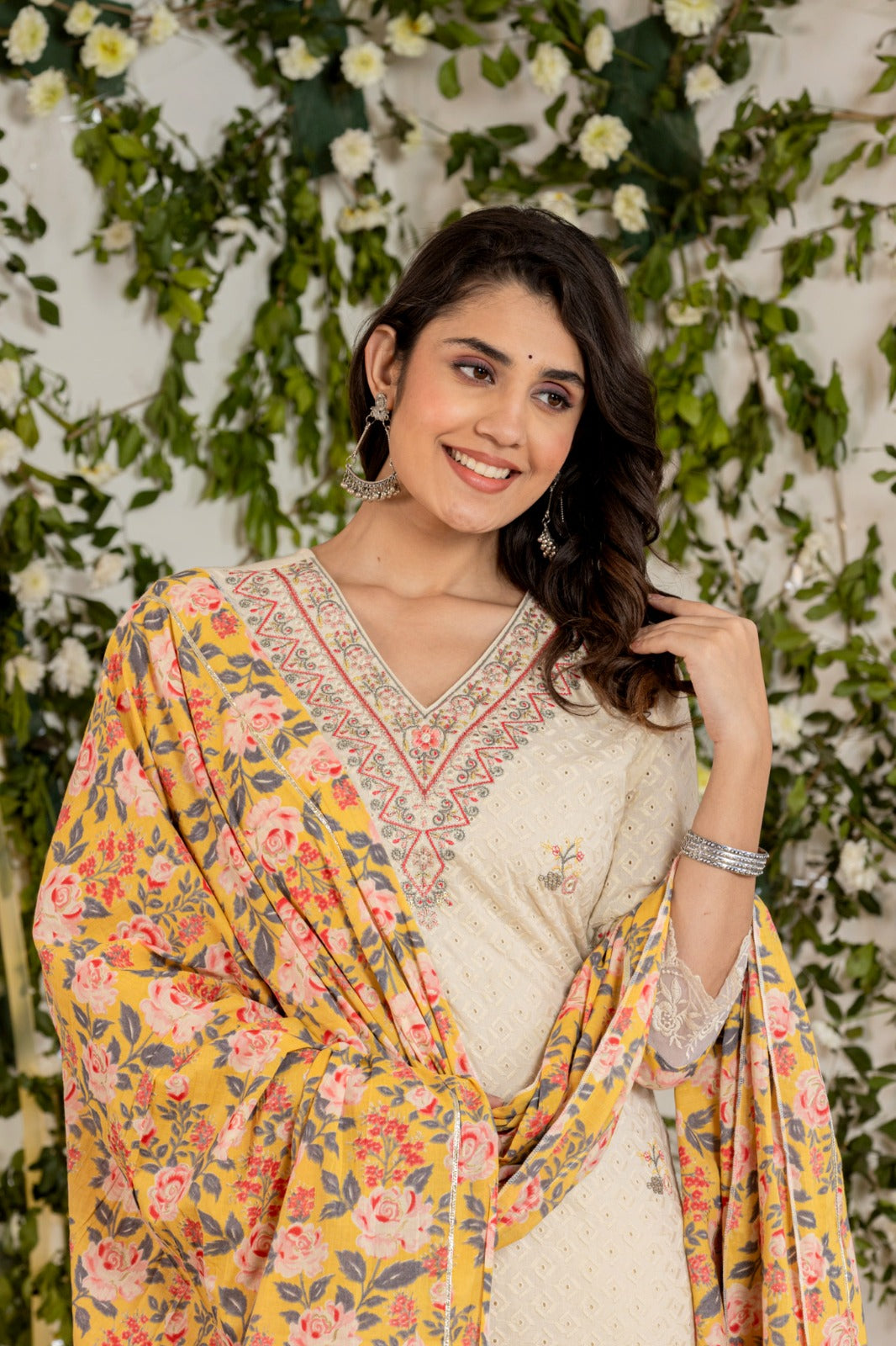 Cream Shifli Threadwork Cotton Kurta Set - KAJREE