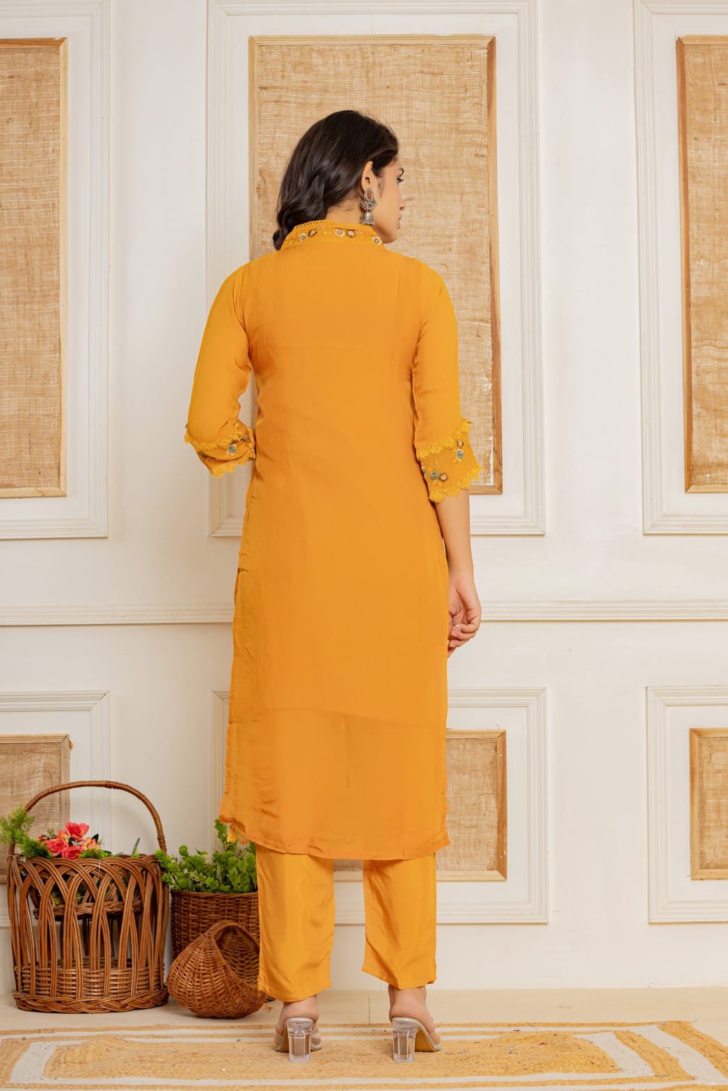 Mustard Threadwork Muslin Kurta Set - KAJREE
