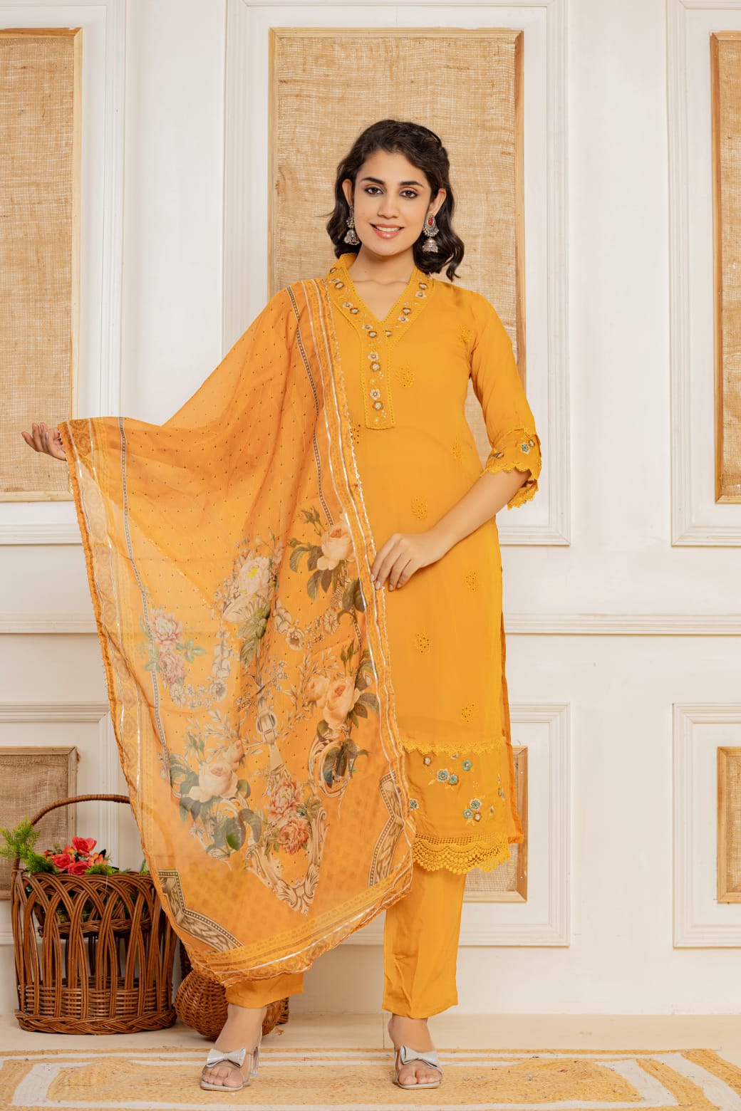 Mustard Threadwork Muslin Kurta Set - KAJREE