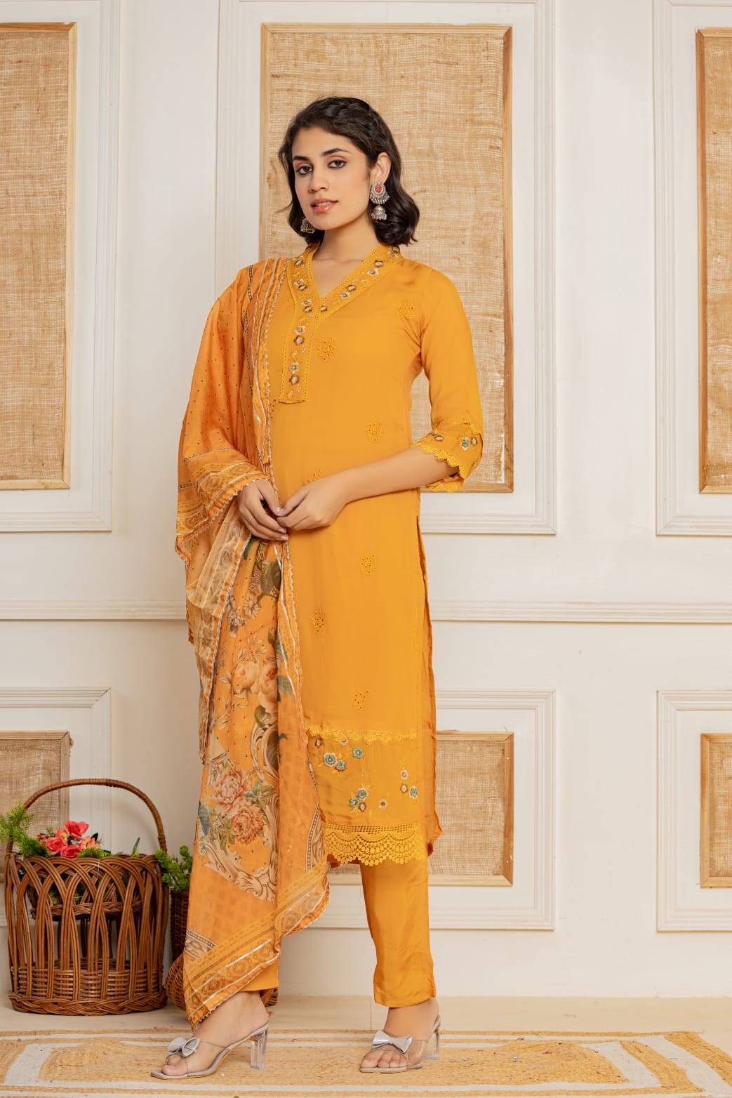 Mustard Threadwork Muslin Kurta Set - KAJREE