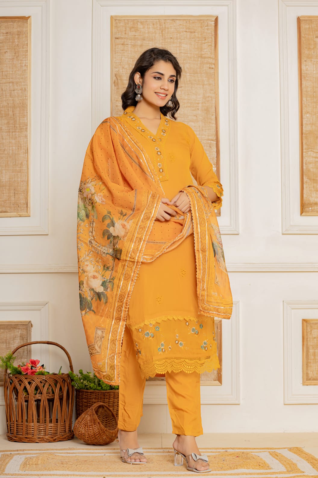 Mustard Threadwork Muslin Kurta Set - KAJREE