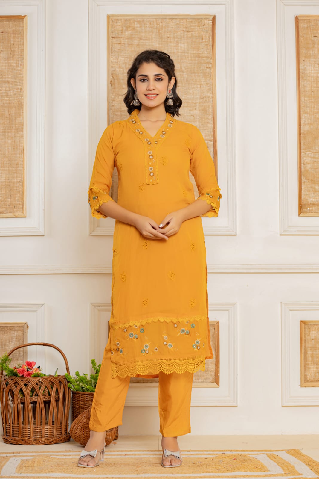 Mustard Threadwork Muslin Kurta Set - KAJREE