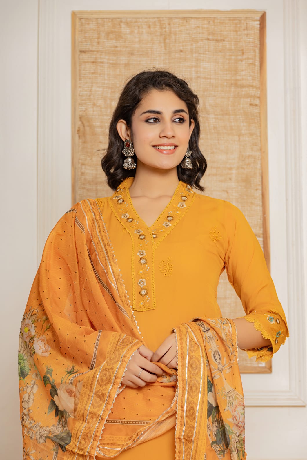 Mustard Threadwork Muslin Kurta Set - KAJREE