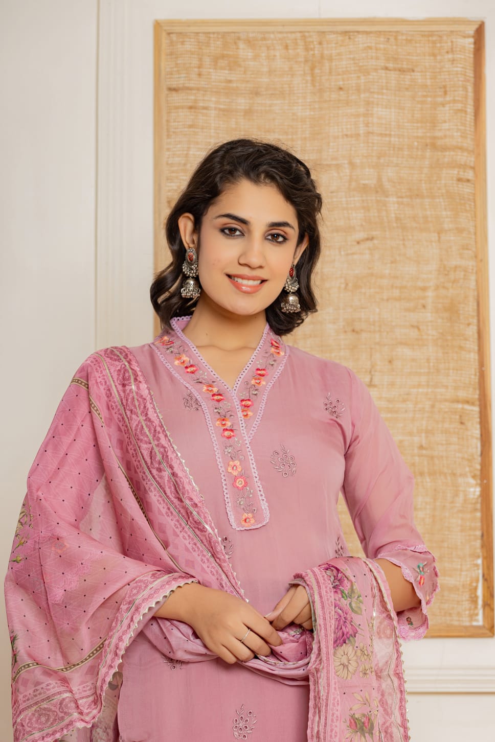 Pink Threadwork Muslin Kurta Set - KAJREE
