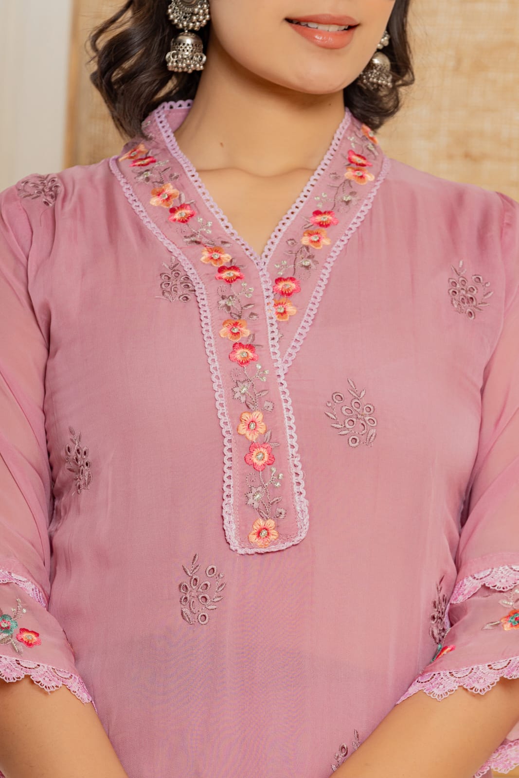 Pink Threadwork Muslin Kurta Set - KAJREE