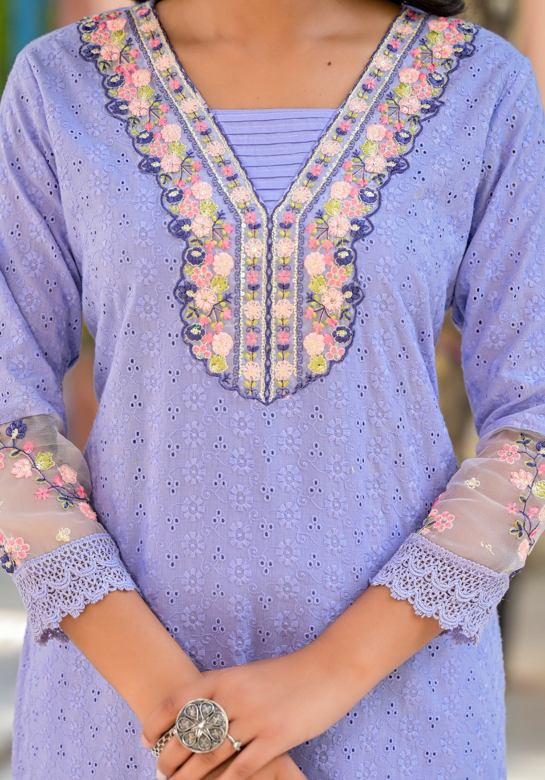 Sky Blue Threadwork Shifli Kurta Set - KAJREE