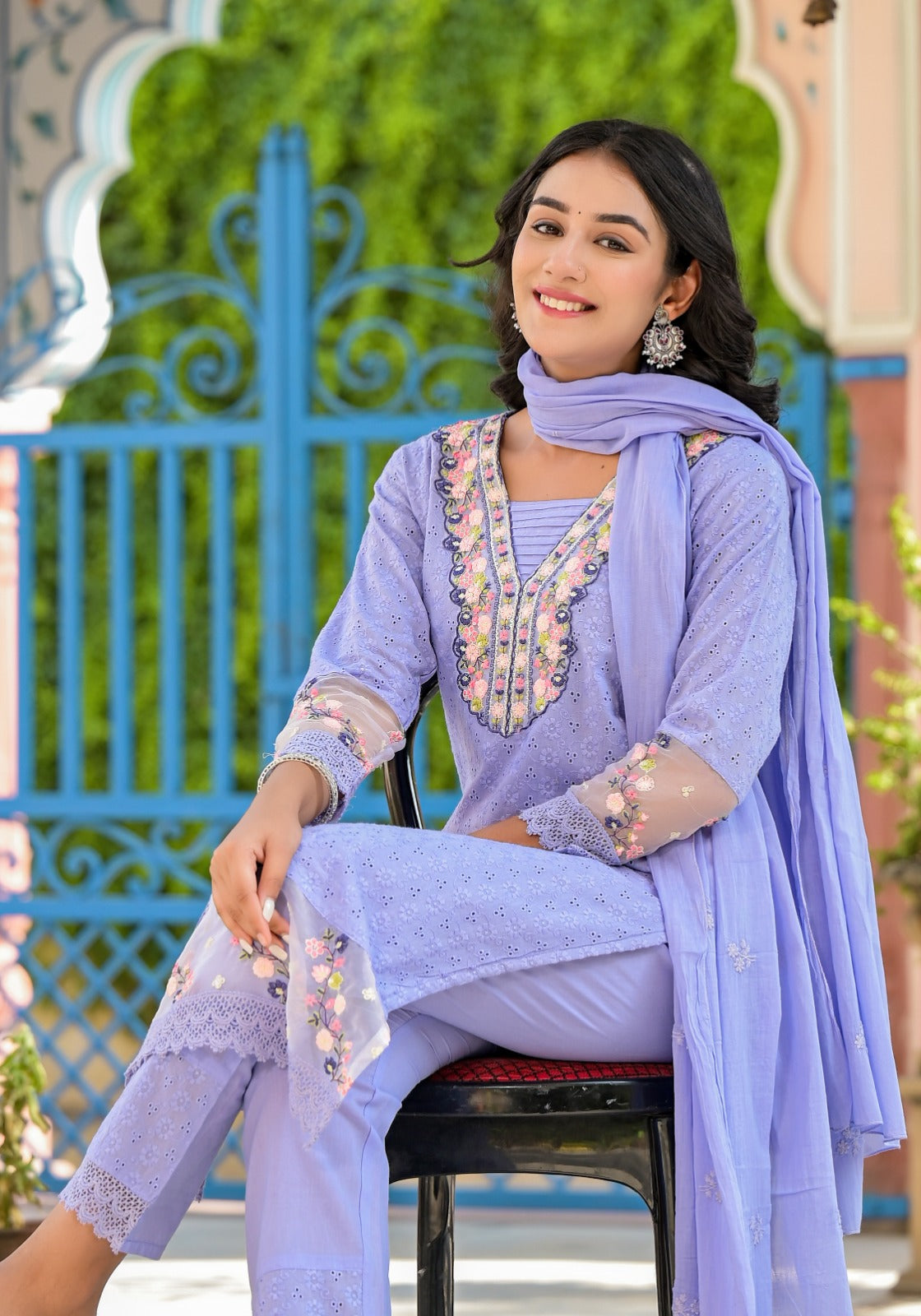 Sky Blue Threadwork Shifli Kurta Set - KAJREE