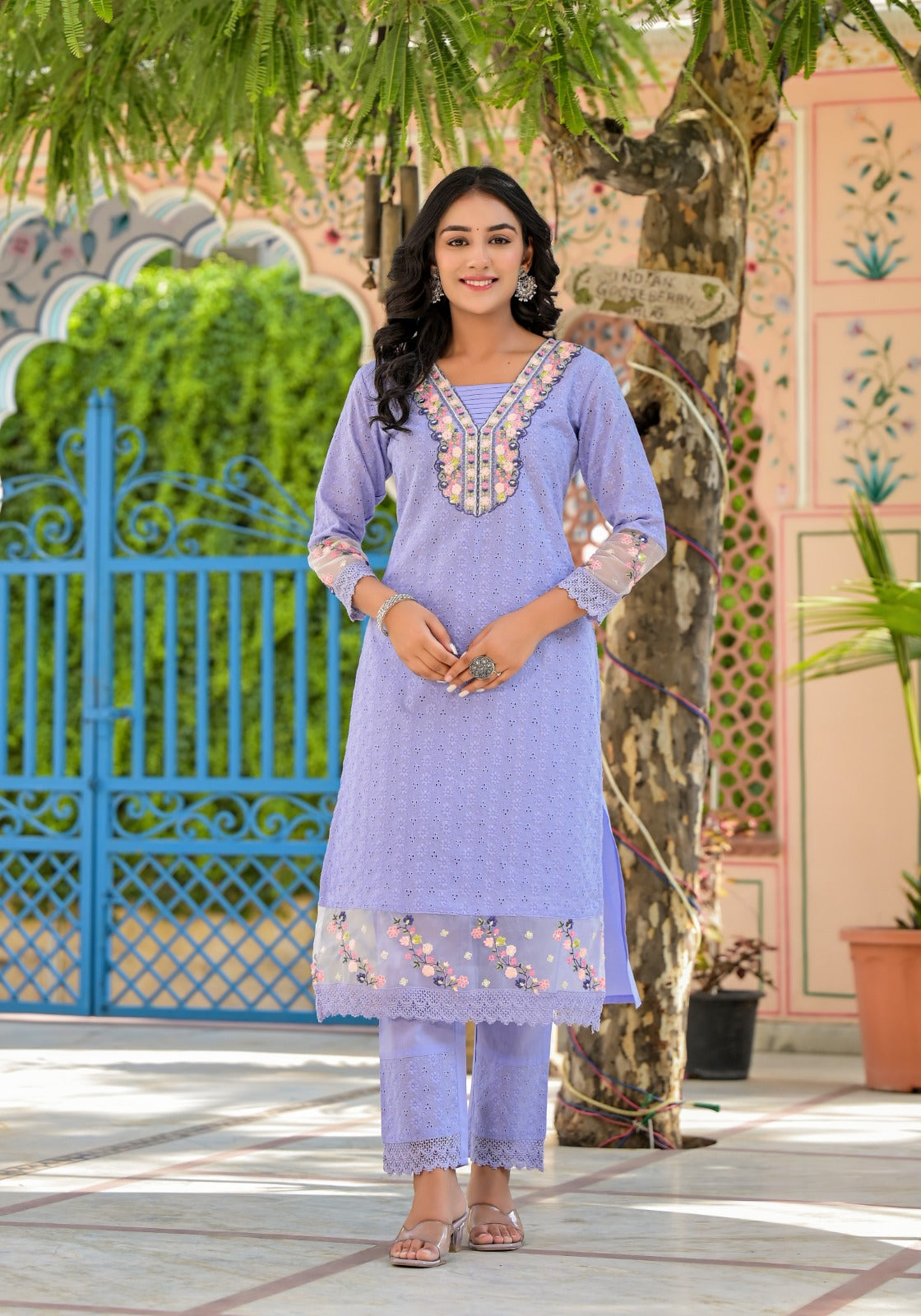 Sky Blue Threadwork Shifli Kurta Set - KAJREE