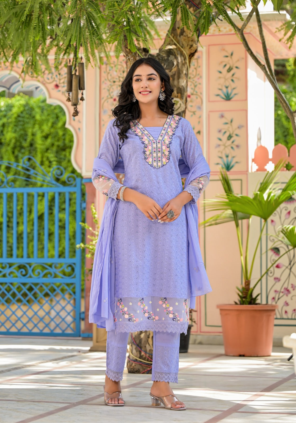Sky Blue Threadwork Shifli Kurta Set - KAJREE