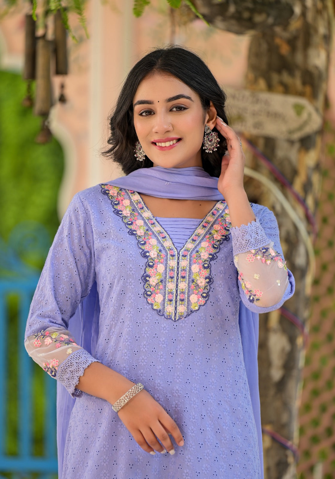 Sky Blue Threadwork Shifli Kurta Set - KAJREE