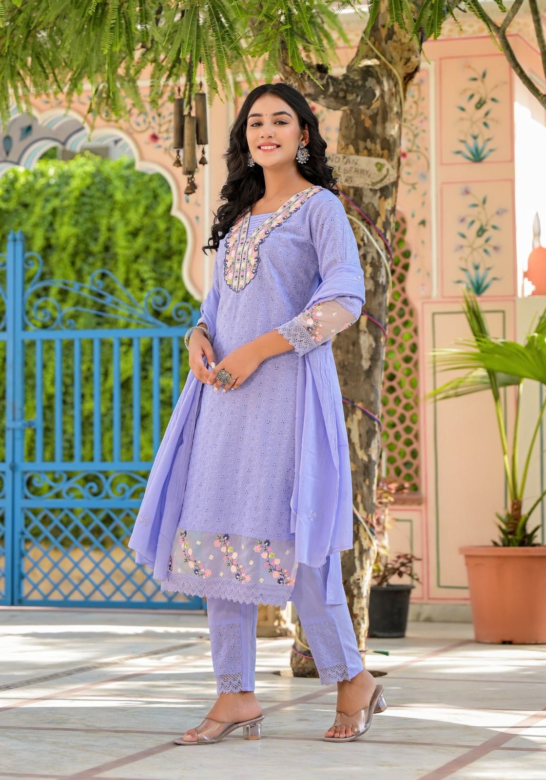 Sky Blue Threadwork Shifli Kurta Set - KAJREE