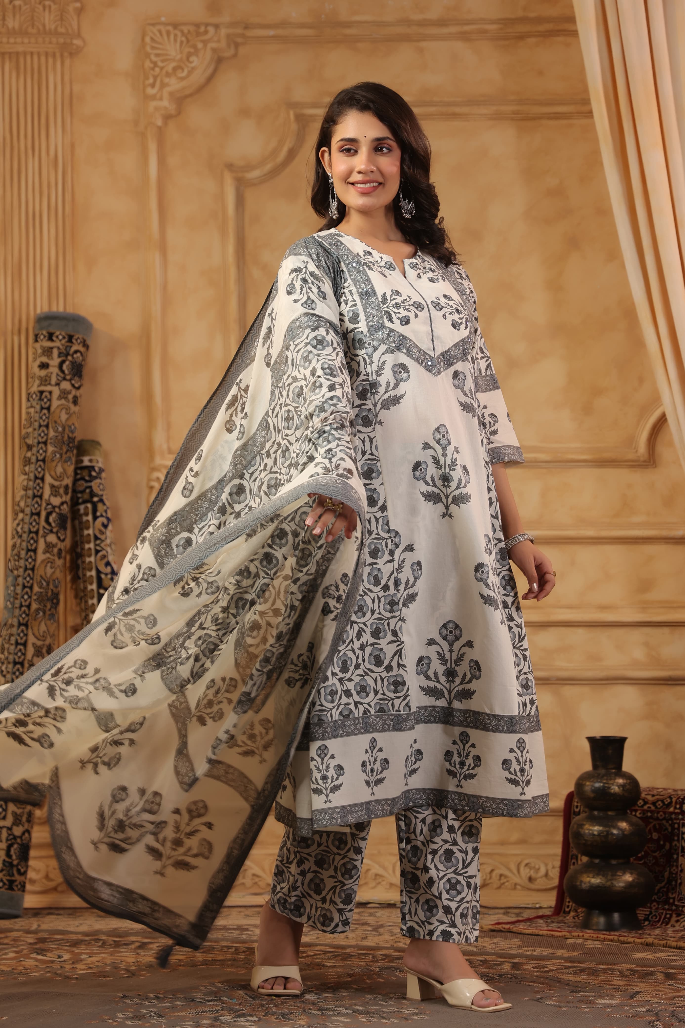 Grey Mirror work Block Print cotton kurta set 