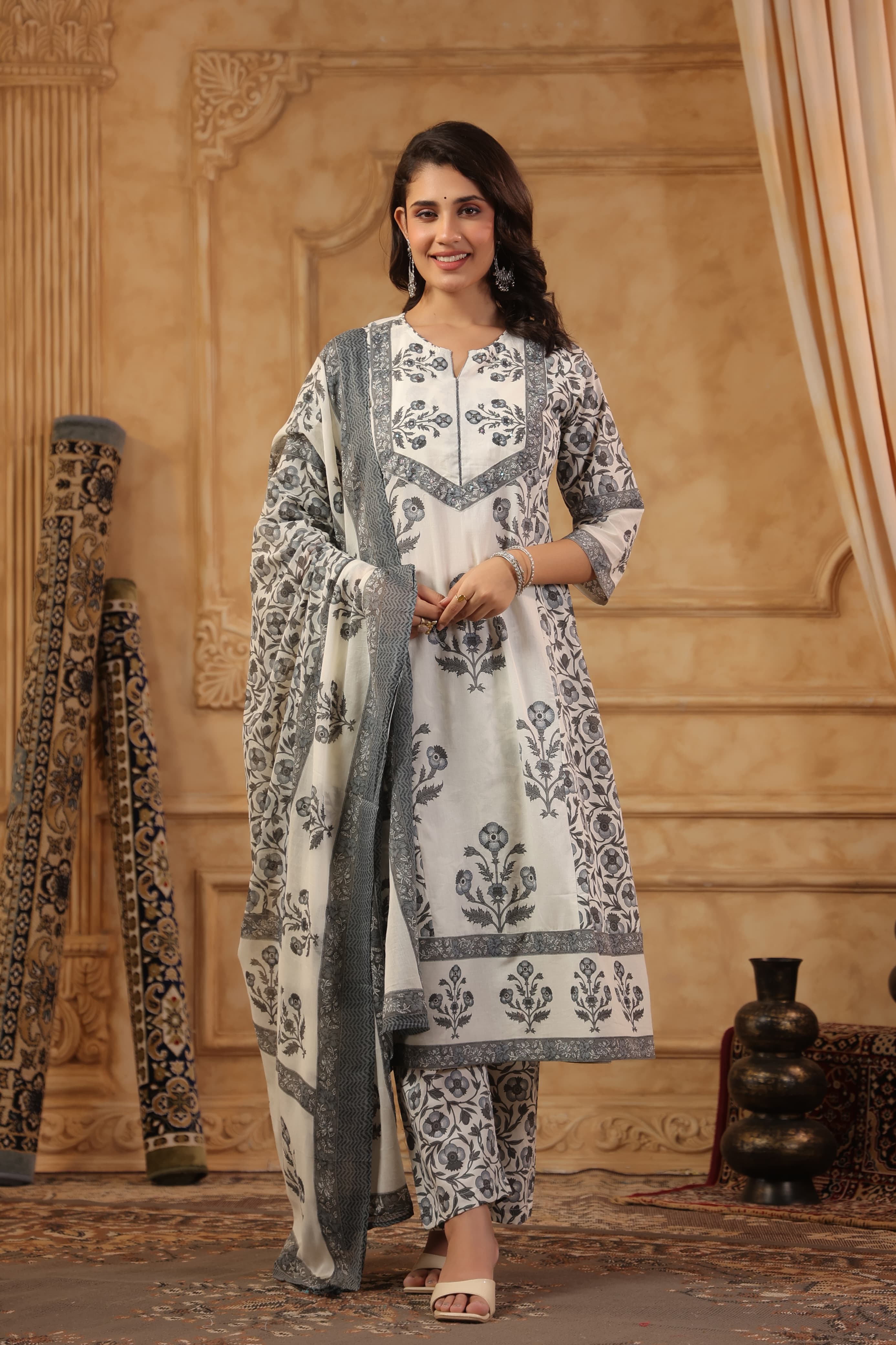 Grey Mirror work Block Print cotton kurta set 