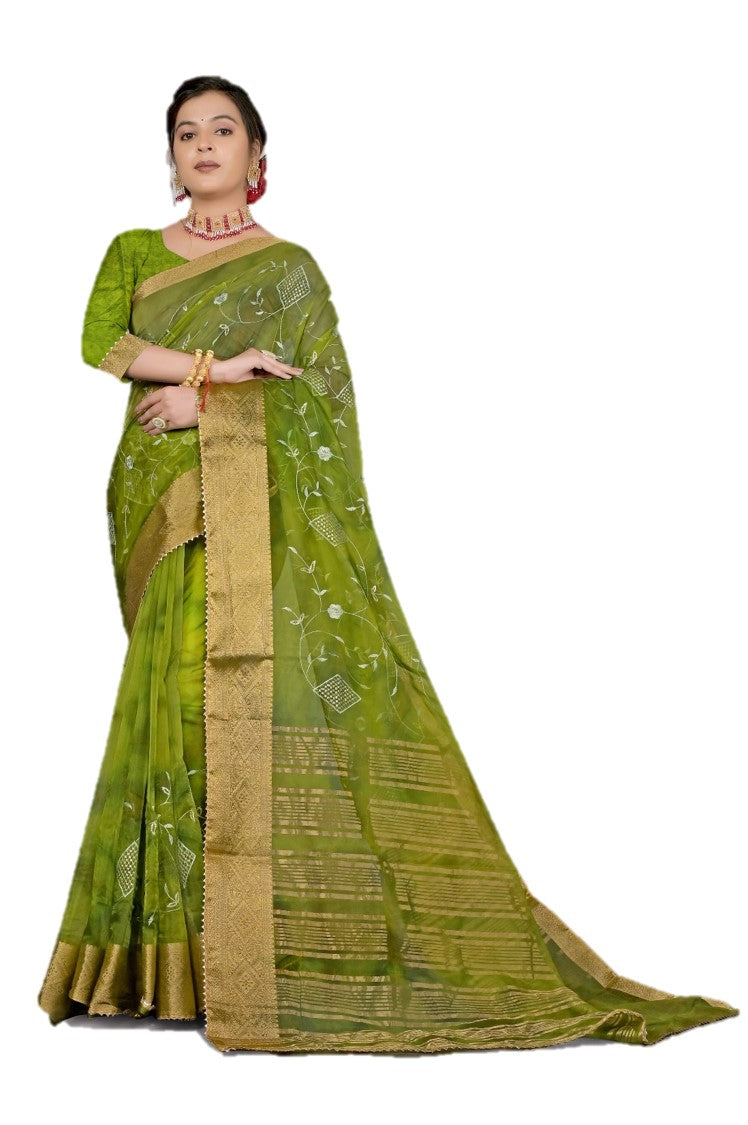 Green Threadwork Cotton Saree 
