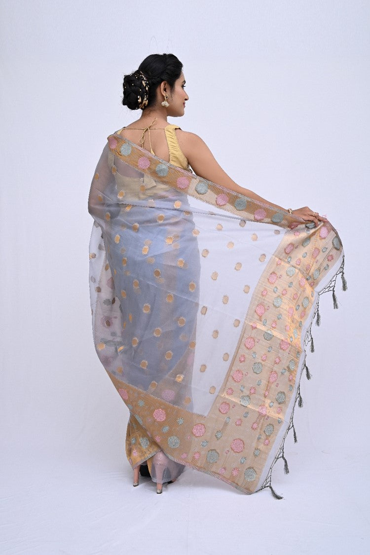 Grey Zariwork Organza Saree - KAJREE