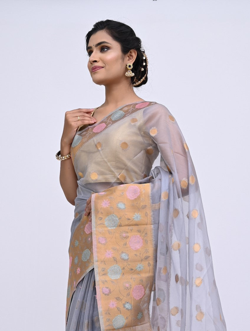 Grey Zariwork Organza Saree - KAJREE