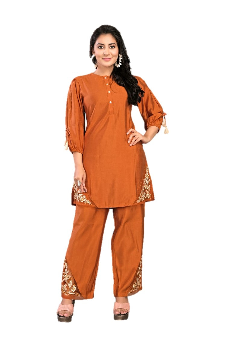 Brown Threadwork Muslin Co-Ord Set 