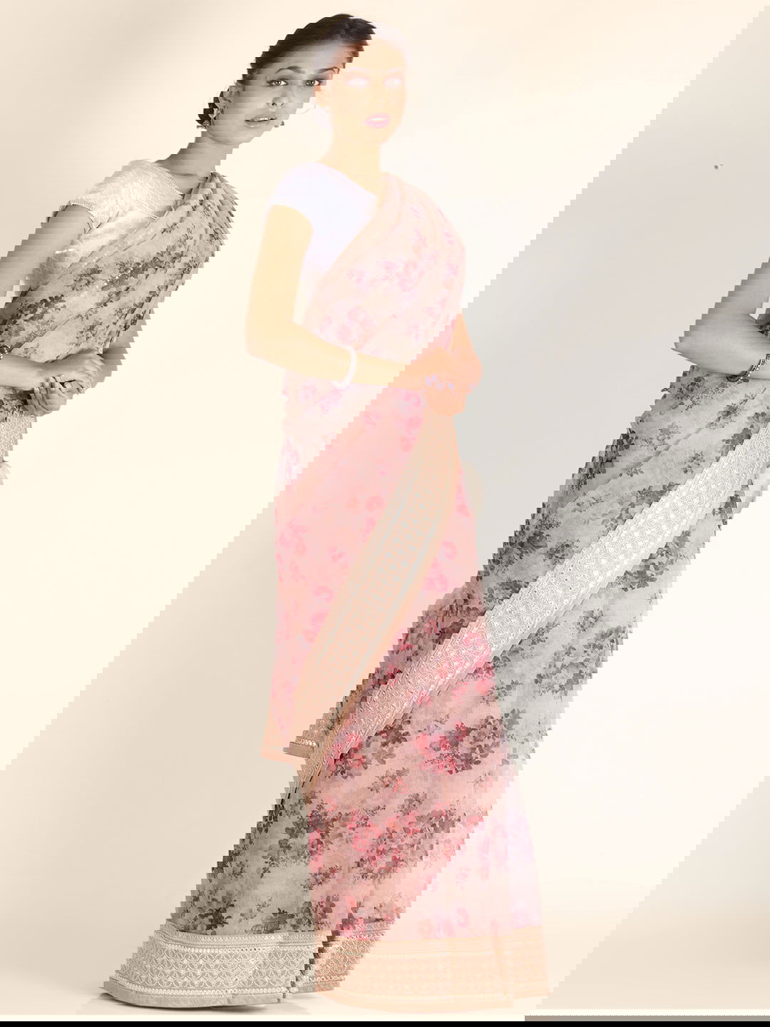 Beige Abla Work Printed Organza Saree - KAJREE