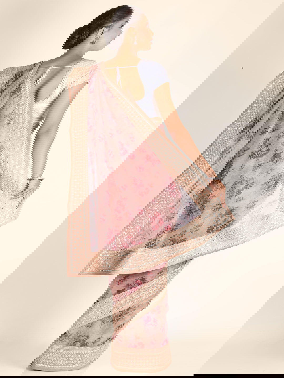 Beige Abla Work Printed Organza Saree - KAJREE