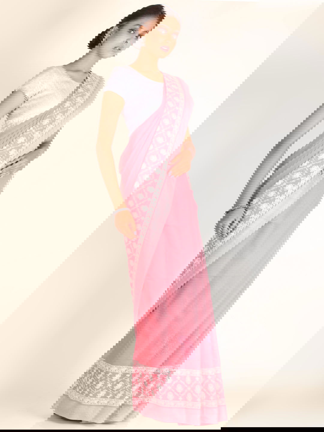 Pink Threadwork Linen Saree - KAJREE