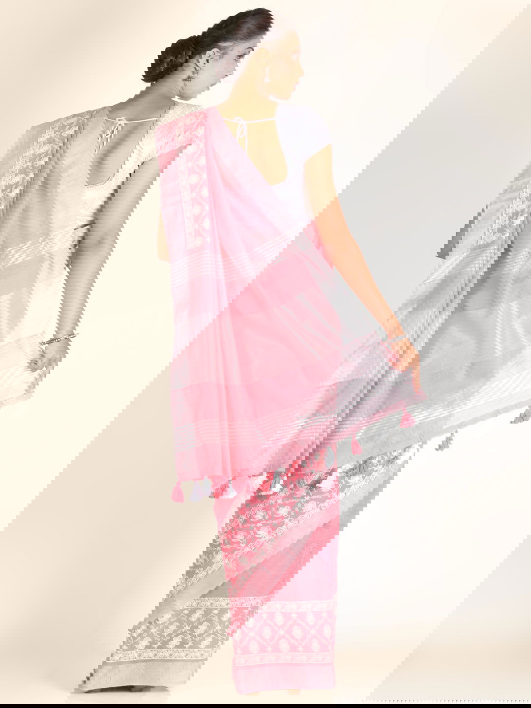 Pink Threadwork Linen Saree - KAJREE